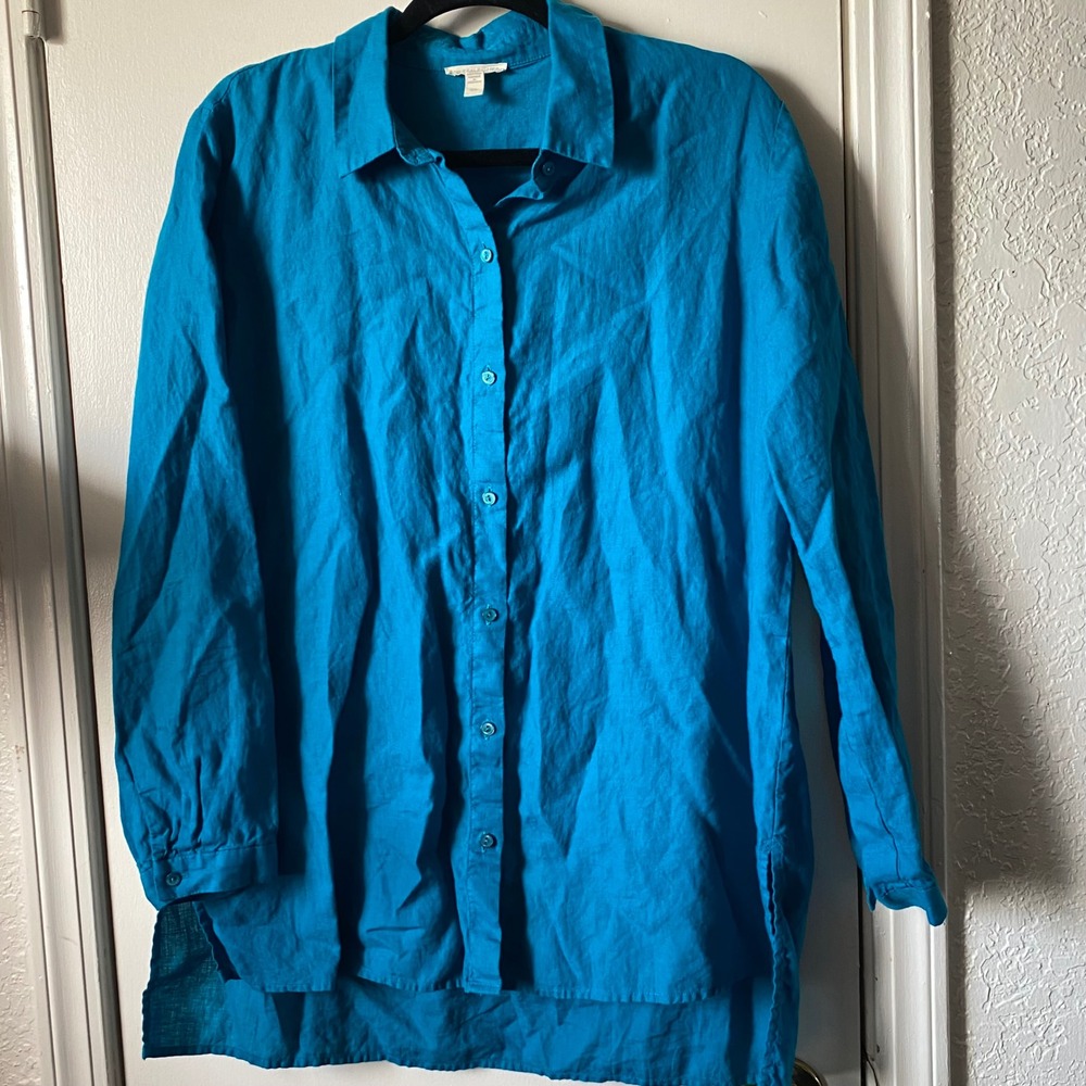 Eileen Fisher Organic Linen Blend Button Down Tunic Top Turquoise Blue Medium